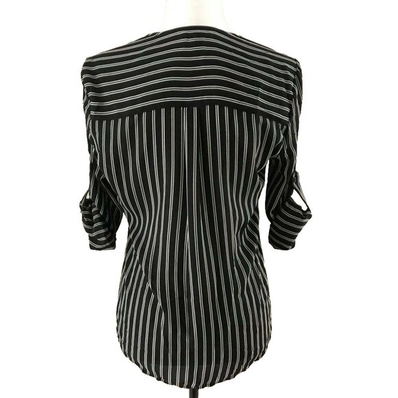 EXPRESS Roll Up Sleeve Blouse Top Size XS Black White Striped V Neck - Picture 4 of 6